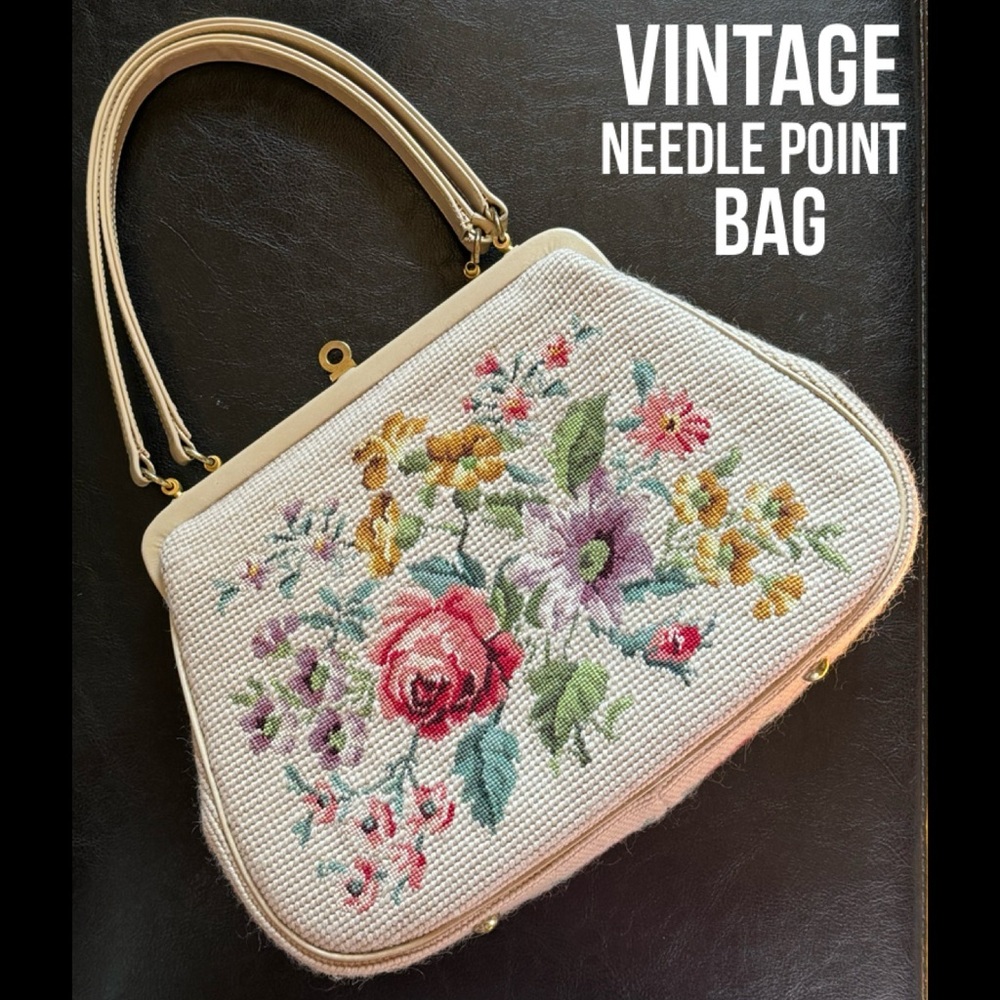 Vintage Needle Point Arm Carry Bag-Blush Beige Color-EUC